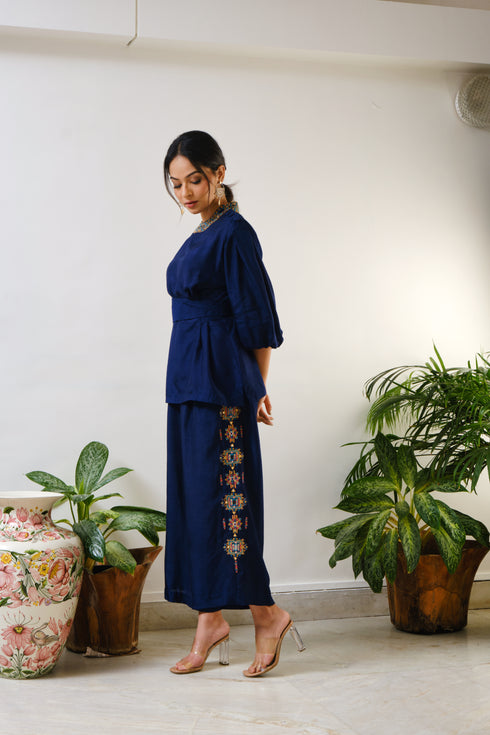 Navy Top with embroidered Crop pant with geometric mirror & thread embroidery
