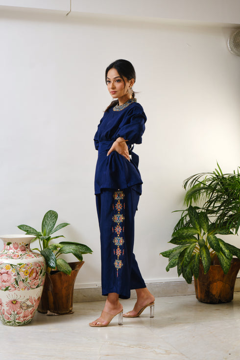 Navy Top with embroidered Crop pant with geometric mirror & thread embroidery