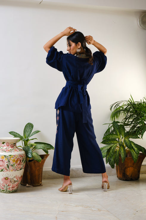 Navy Top with embroidered Crop pant with geometric mirror & thread embroidery