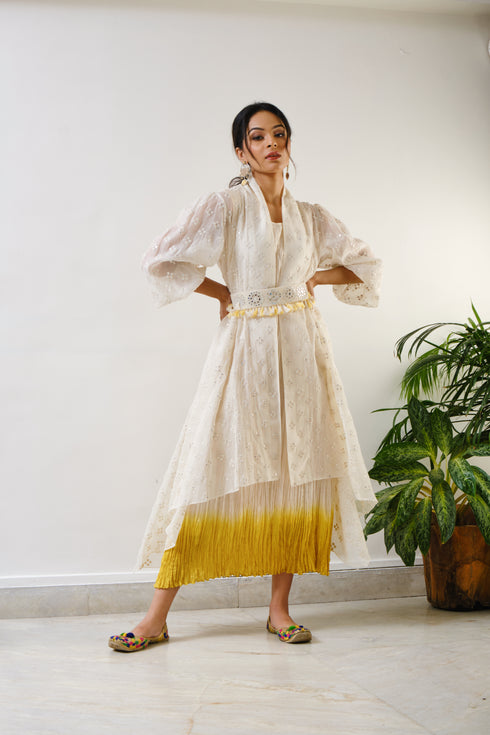 Off-white embroidered high-low cape with off-white-yellow ombre crush inner