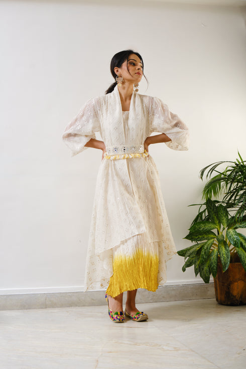 Off-white embroidered high-low cape with off-white-yellow ombre crush inner