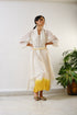 Off-white embroidered high-low cape with off-white-yellow ombre crush inner