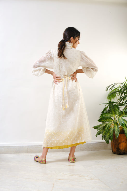 Off-white embroidered high-low cape with off-white-yellow ombre crush inner