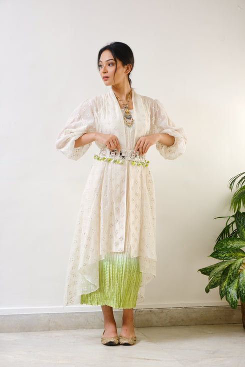 Off-white embroidered high-low cape with off-white-green ombre crush inner