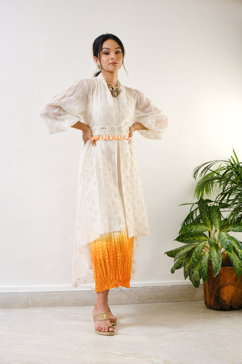 Off-white embroidered high-low cape with off-white-orange ombre crush inner