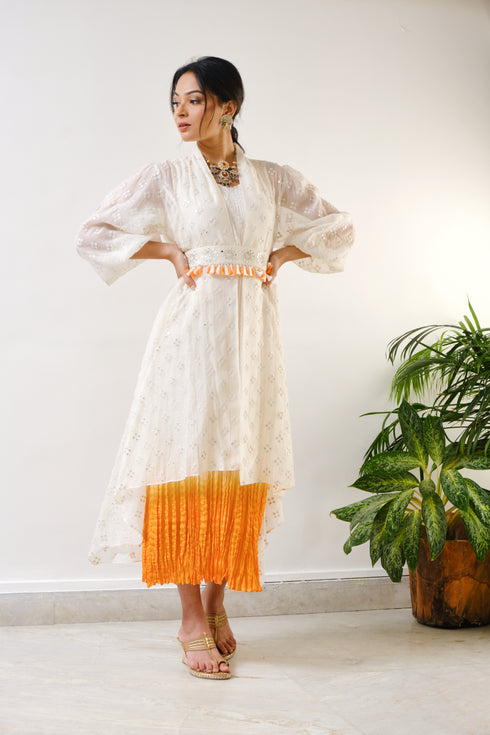 Off-white embroidered high-low cape with off-white-orange ombre crush inner