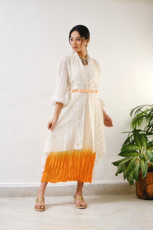 Off-white embroidered high-low cape with off-white-orange ombre crush inner