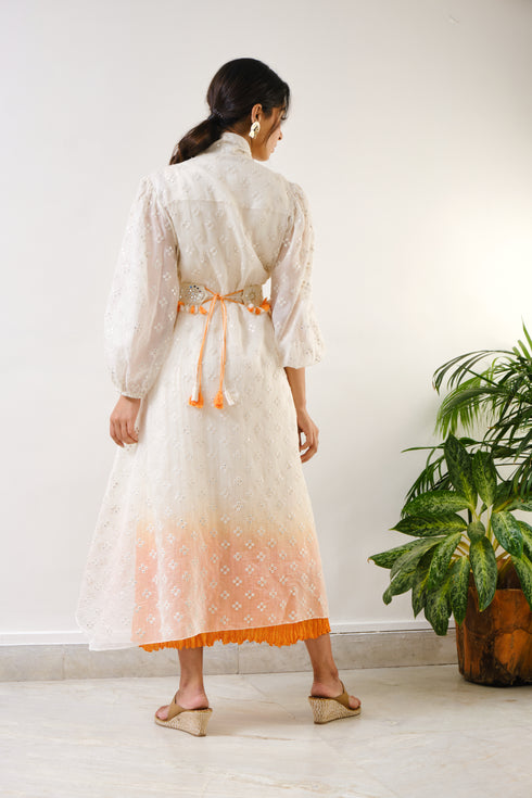 Off-white embroidered high-low cape with off-white-orange ombre crush inner