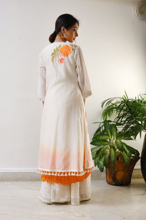 Off-white embroidered kurti with sharara & ombre crushed inner