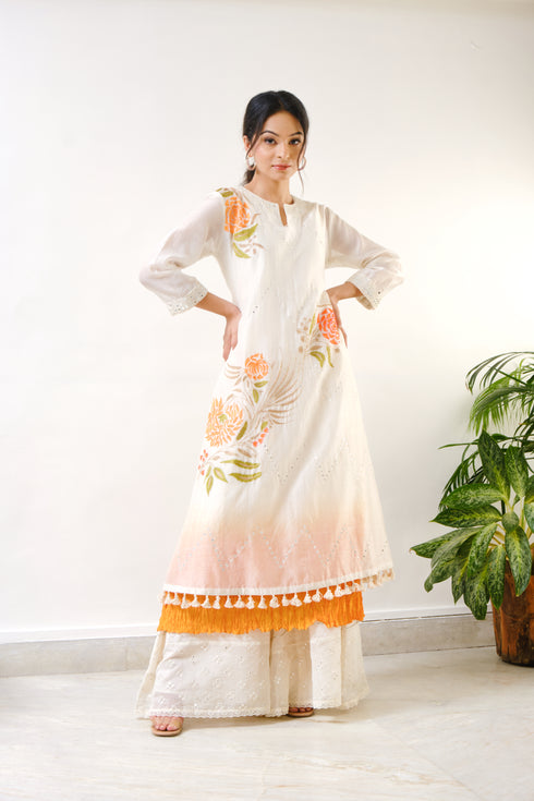Off-white embroidered kurti with sharara & ombre crushed inner