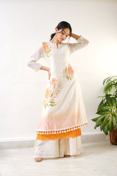Off-white embroidered kurti with sharara & ombre crushed inner