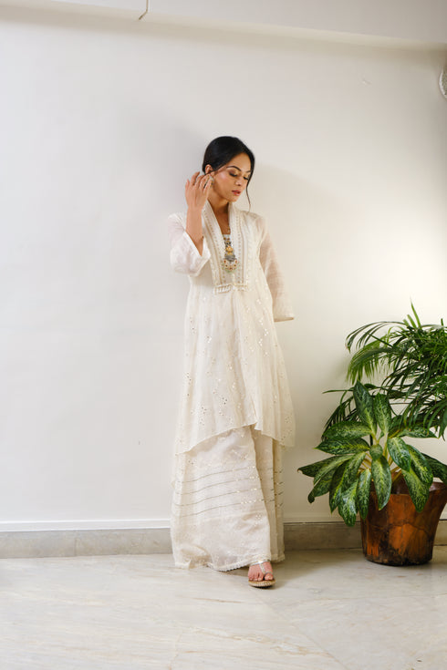 Off-white embroidered high-low cape with sharara