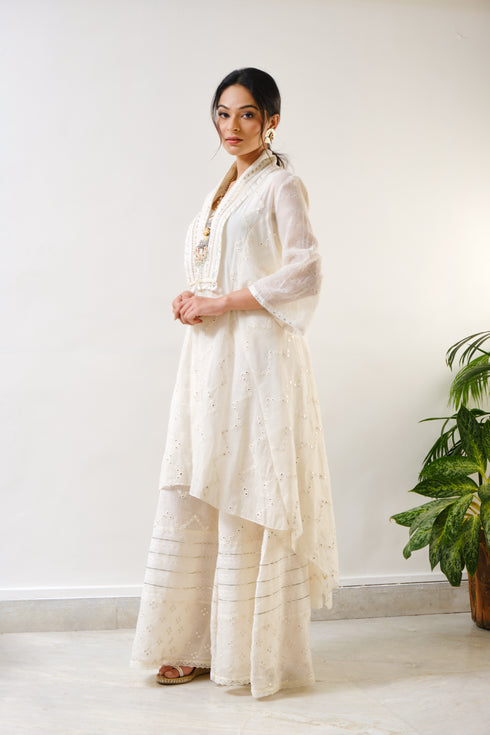 Off-white embroidered high-low cape with sharara