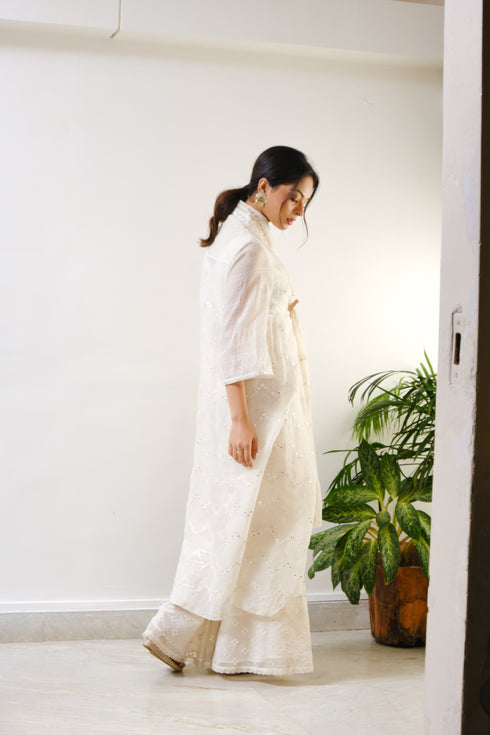 Off-white embroidered high-low cape with sharara