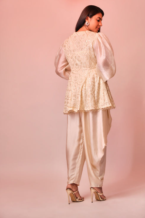 Ivory embroidered peplum top with dhoti
