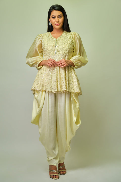 Pastel yellow embroidered peplum top with dhoti
