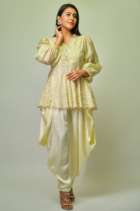 Pastel yellow embroidered peplum top with dhoti