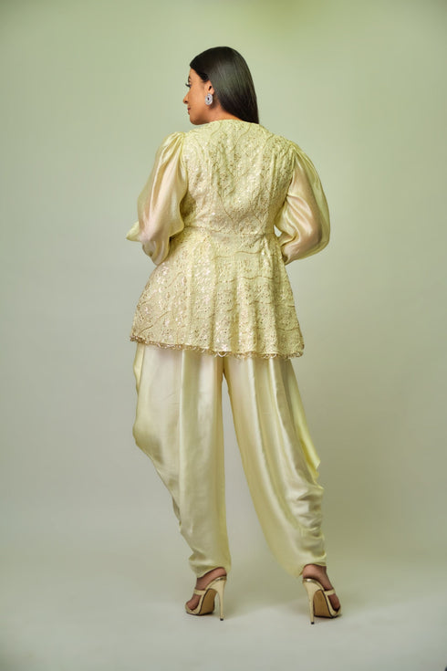 Pastel yellow embroidered peplum top with dhoti