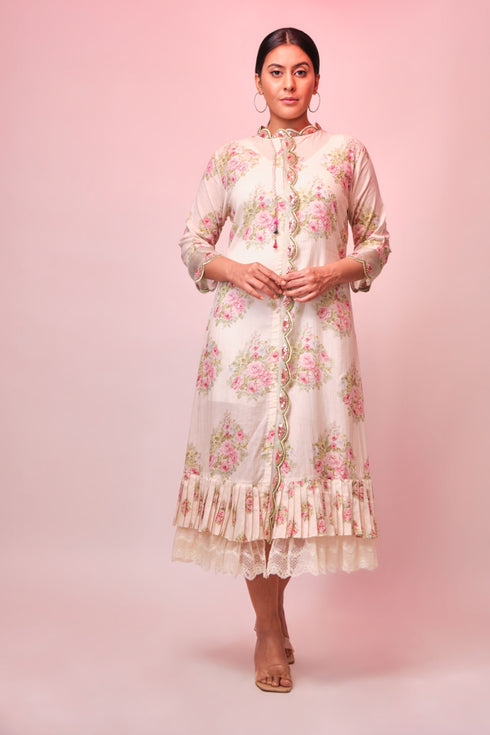 Off-white cotton printed tunic finished with off-white printed & lace frill