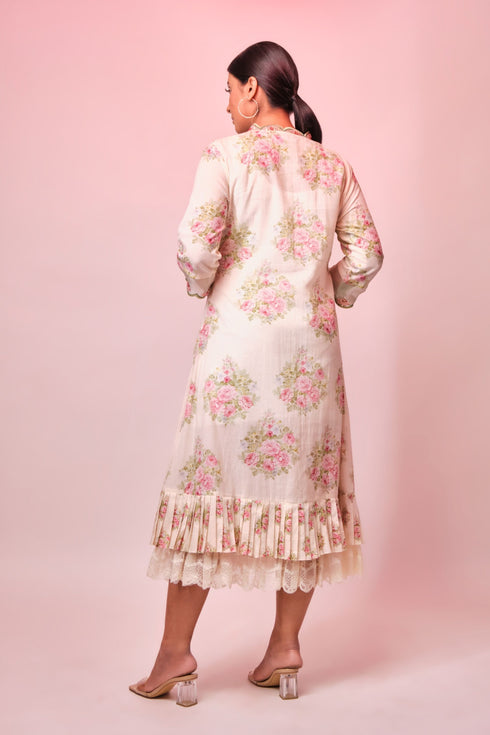 Off-white cotton printed tunic finished with off-white printed & lace frill