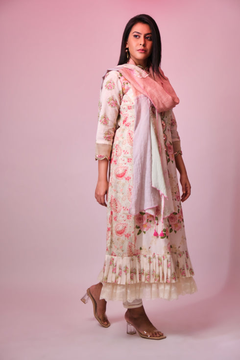 Beige cotton printed tunic with sequence-french knot emboidered scallops