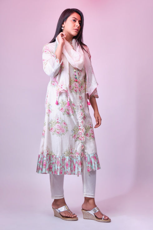 Off-white cotton printed tunic with sequence-french knot