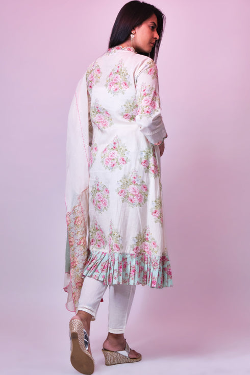 Off-white cotton printed tunic with sequence-french knot