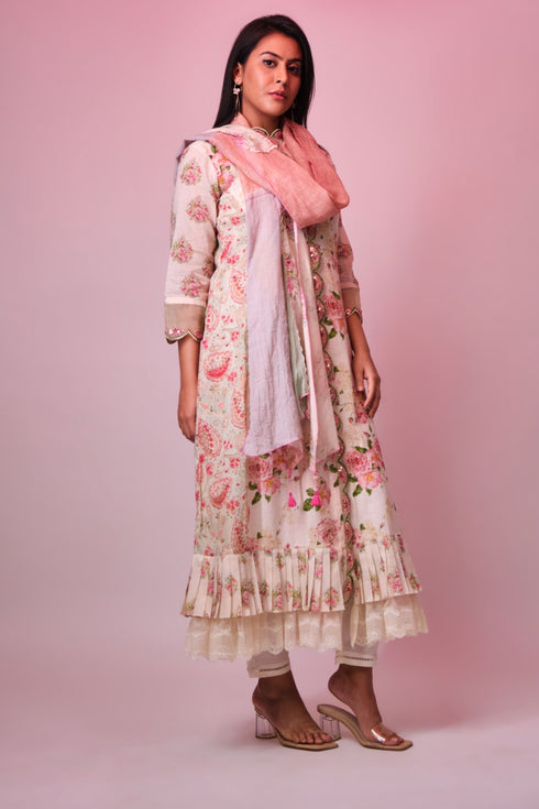 Beige cotton printed tunic with sequence-french knot emboidered scallops