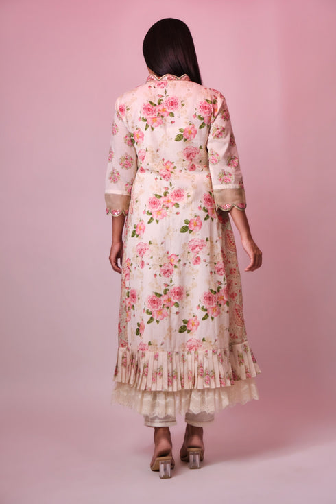 Beige cotton printed tunic with sequence-french knot emboidered scallops