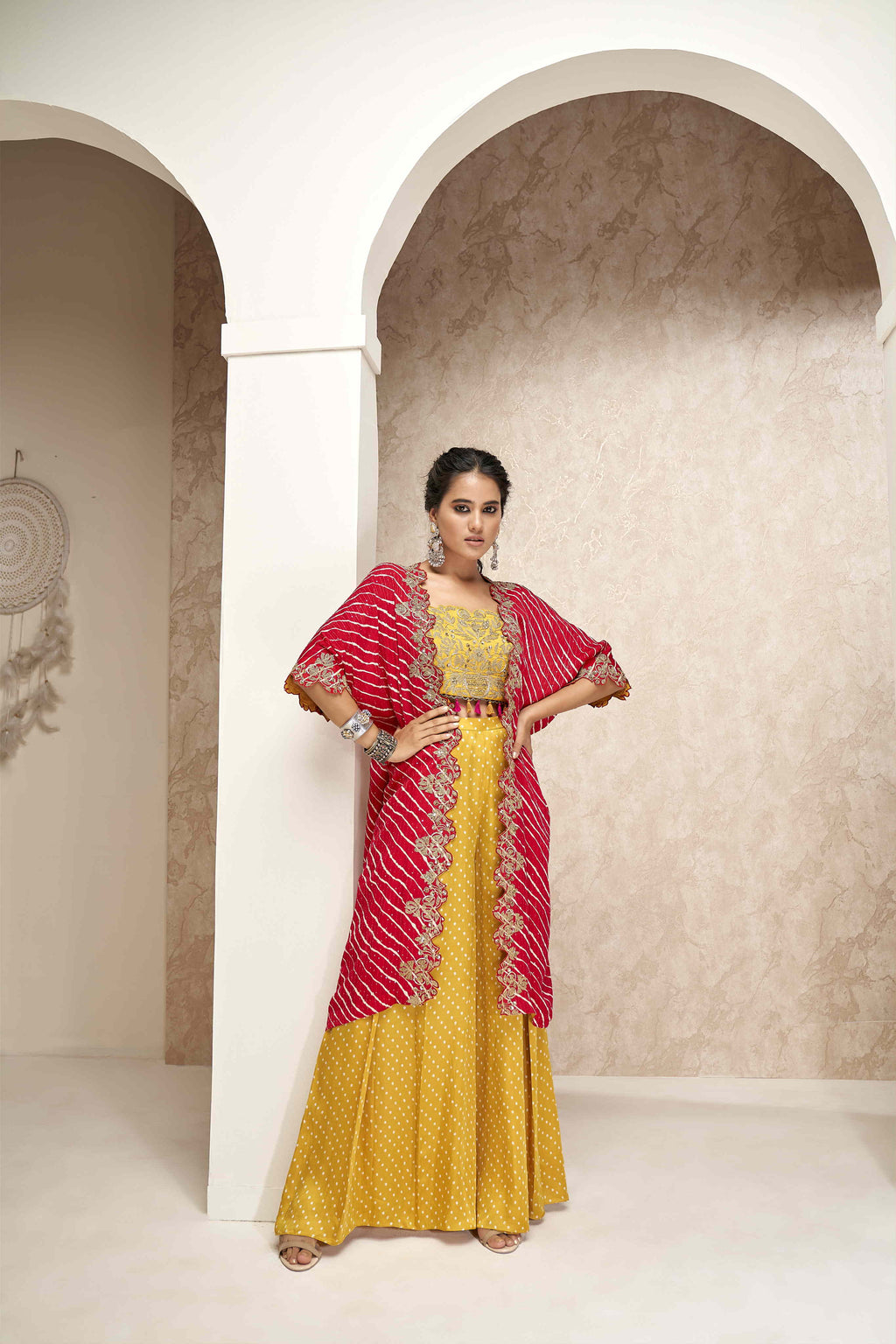 Crop Top and Palazzo Pants with Leheriya Cape