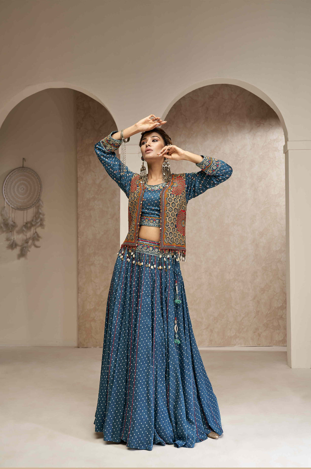 32-Kali Skirt with Full Sleeve Blouse and Embroidered Jacket