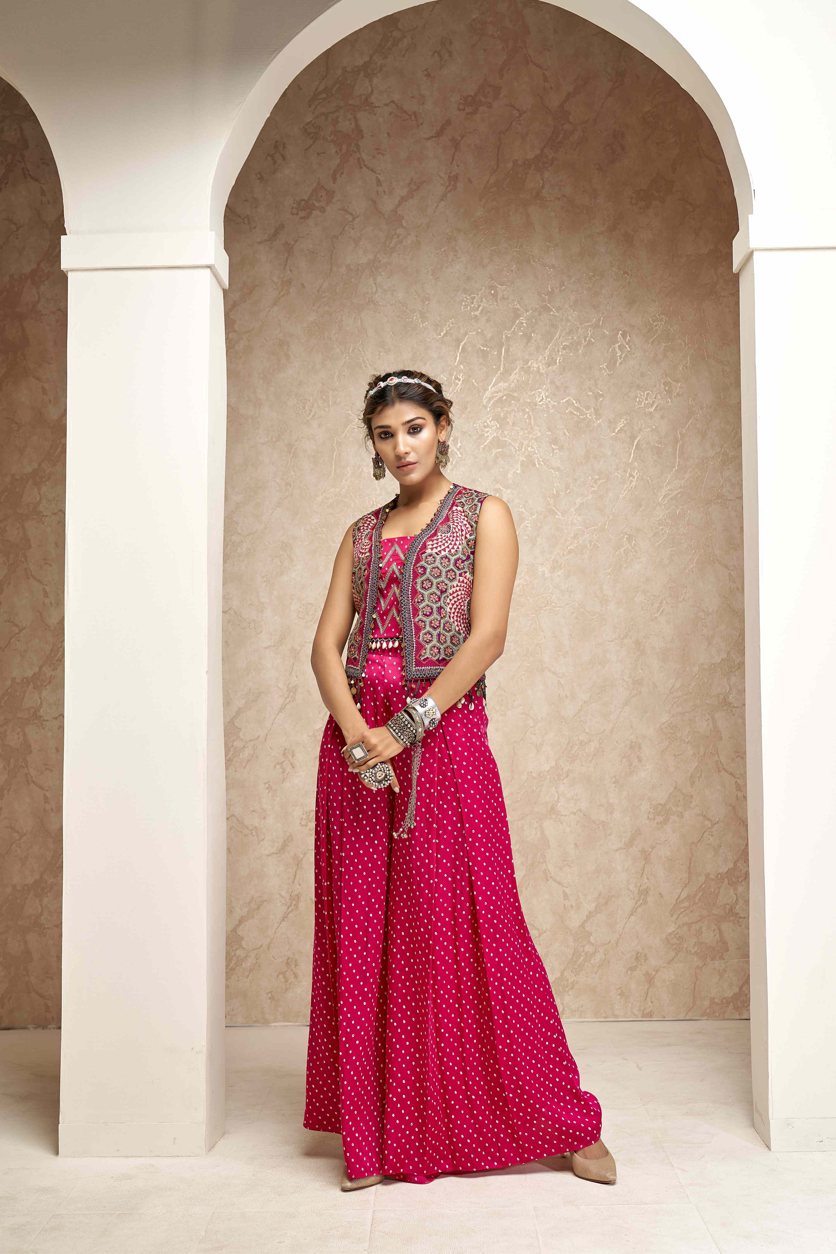 Embroidered Jackets with Crop Top and Palazzo Pants