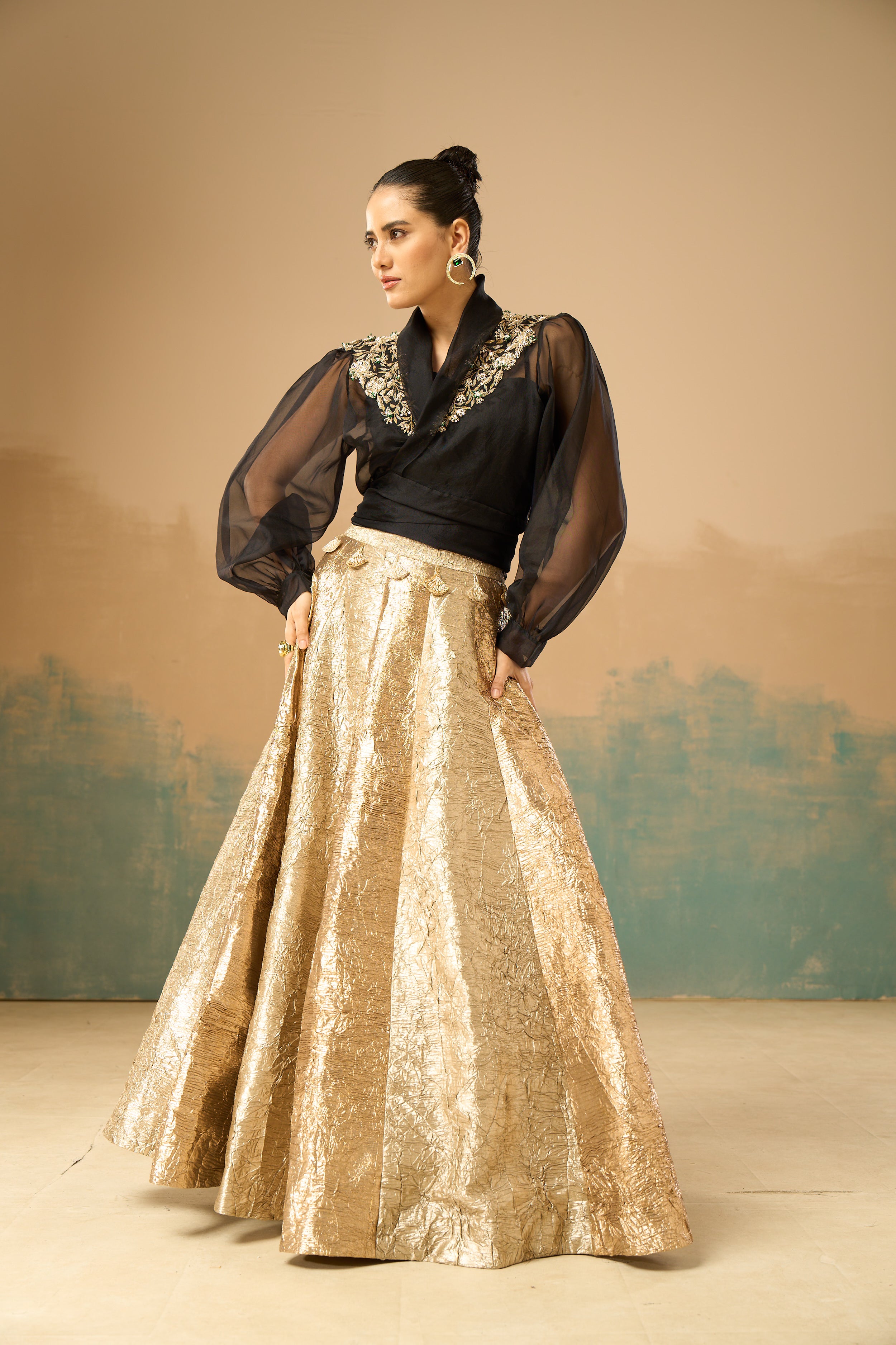 Embroidered collar top & skirt