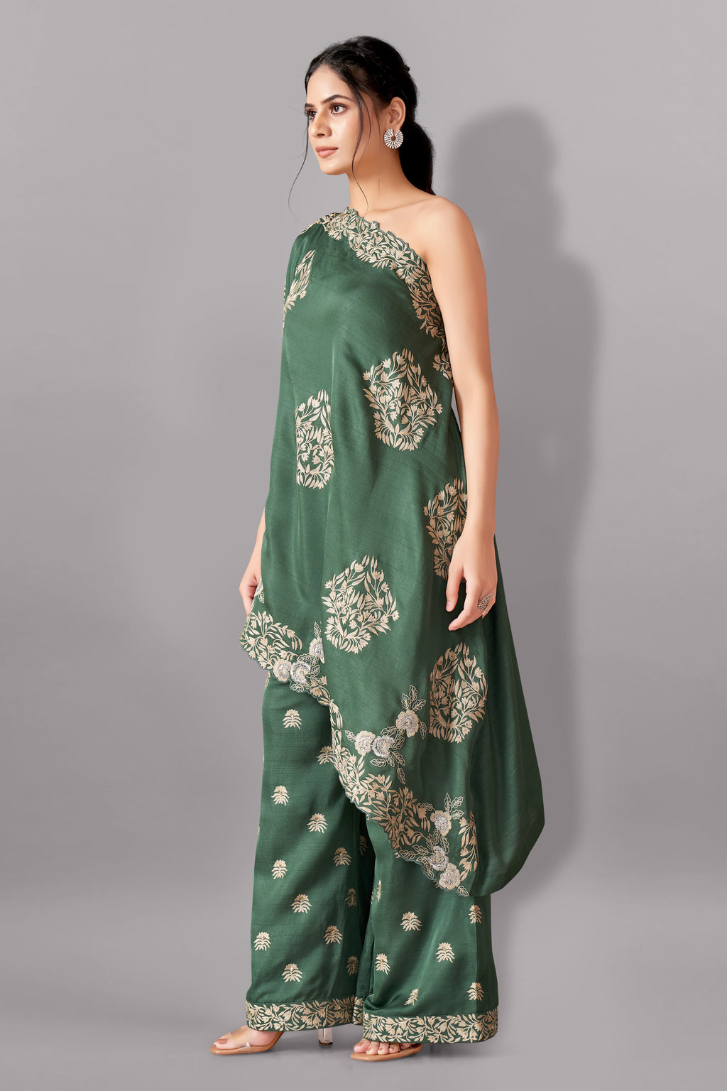 One shoulder top with flare pants