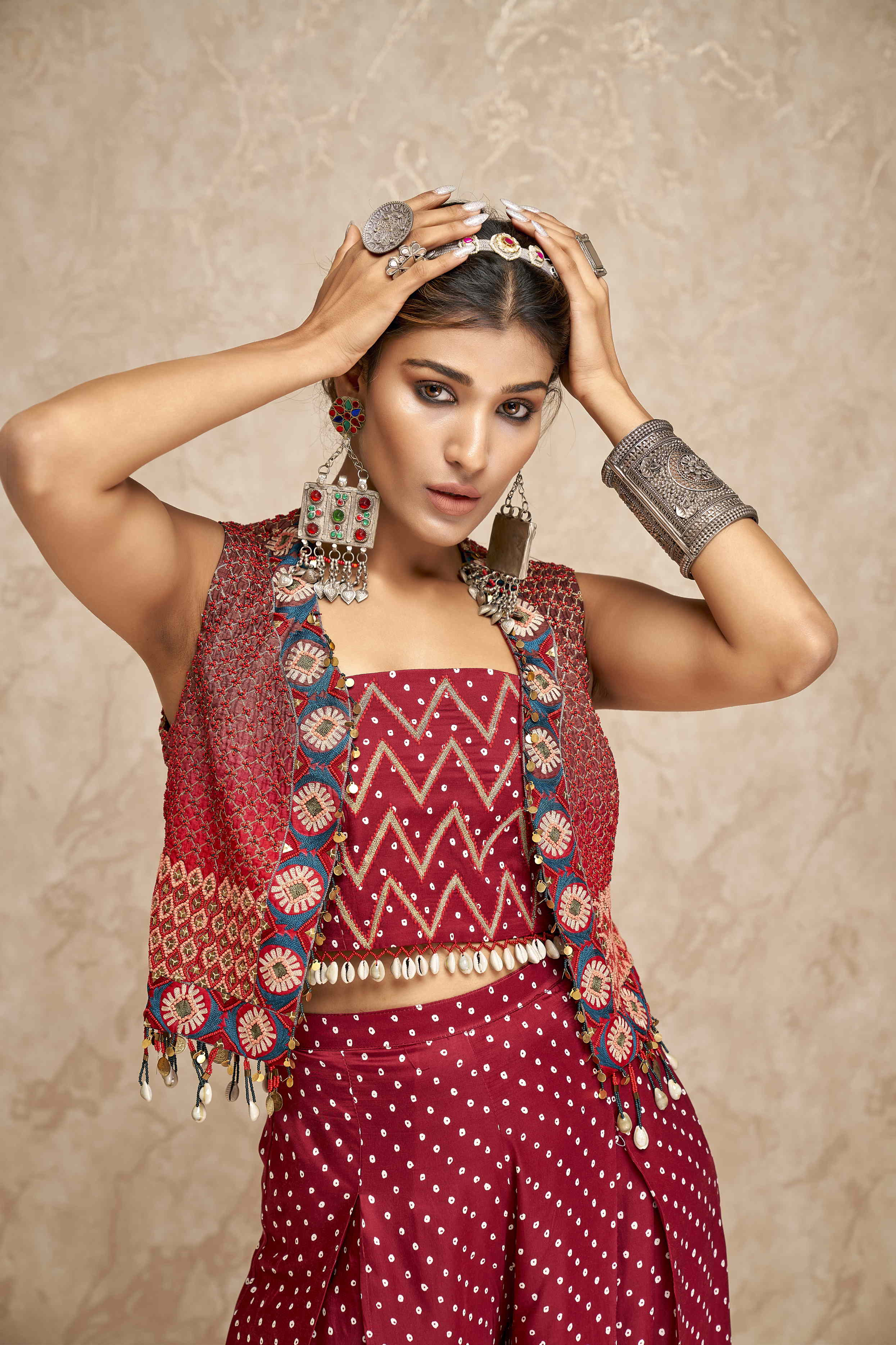 Embroidered Jackets with Crop Top and Palazzo Pants