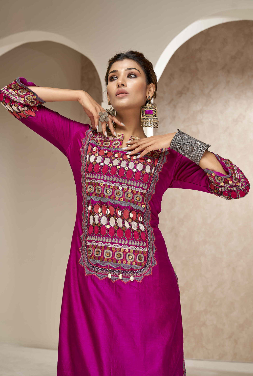 Cotton Silk Tunic with Straight Pants and Shaded Dupatta