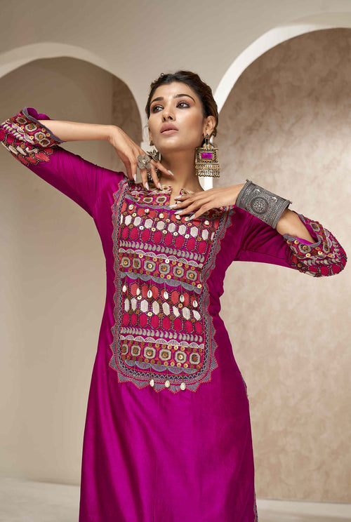 Cotton Silk Tunic with Straight Pants and Shaded Dupatta