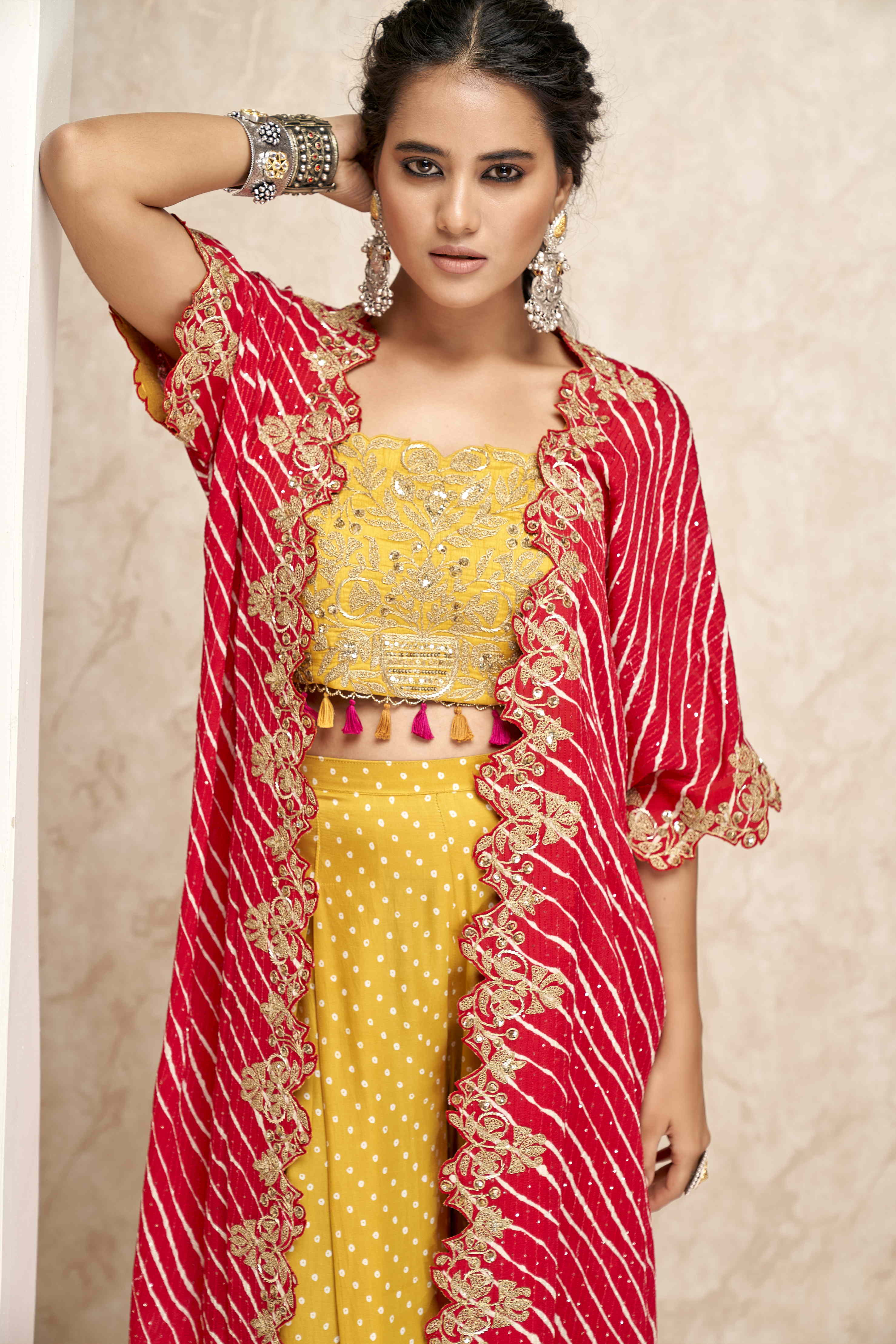 Crop Top and Palazzo Pants with Leheriya Cape