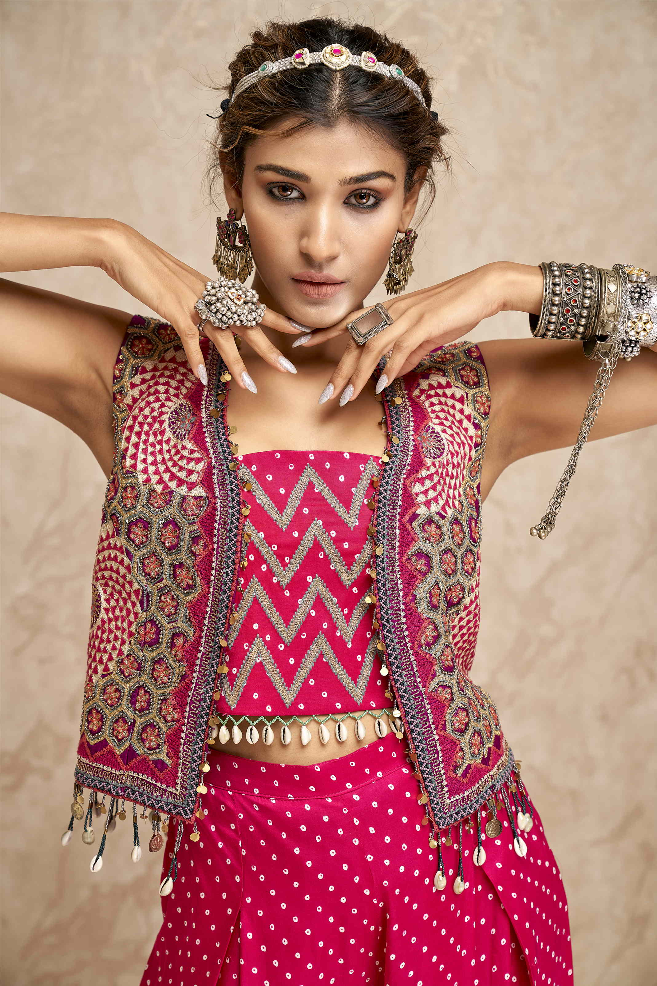 Embroidered Jackets with Crop Top and Palazzo Pants