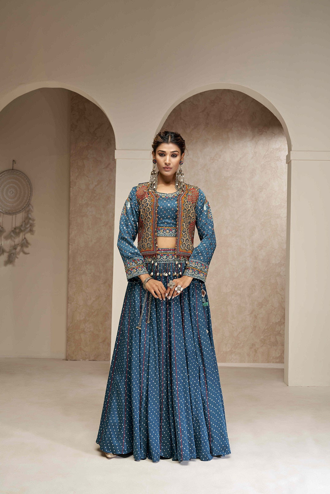 32-Kali Skirt with Full Sleeve Blouse and Embroidered Jacket