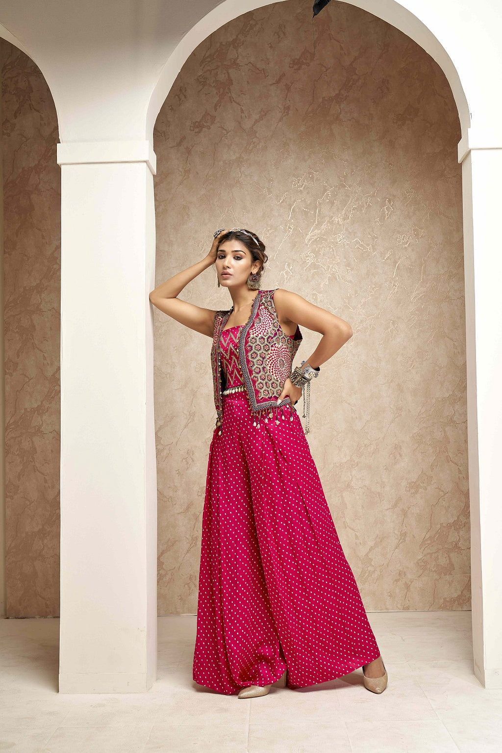 Embroidered Jackets with Crop Top and Palazzo Pants