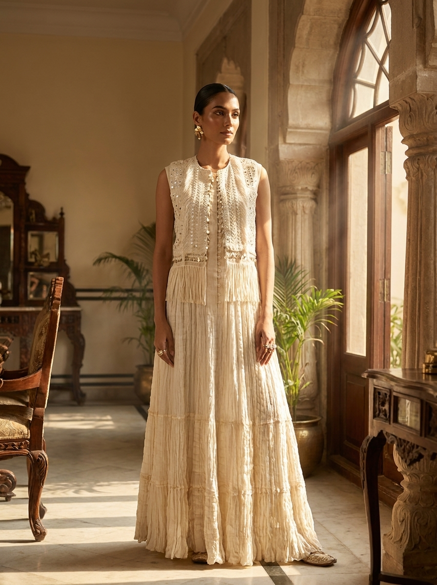 LONG DRESS WITH MIRROR WORK SLEEVELESS JACKET