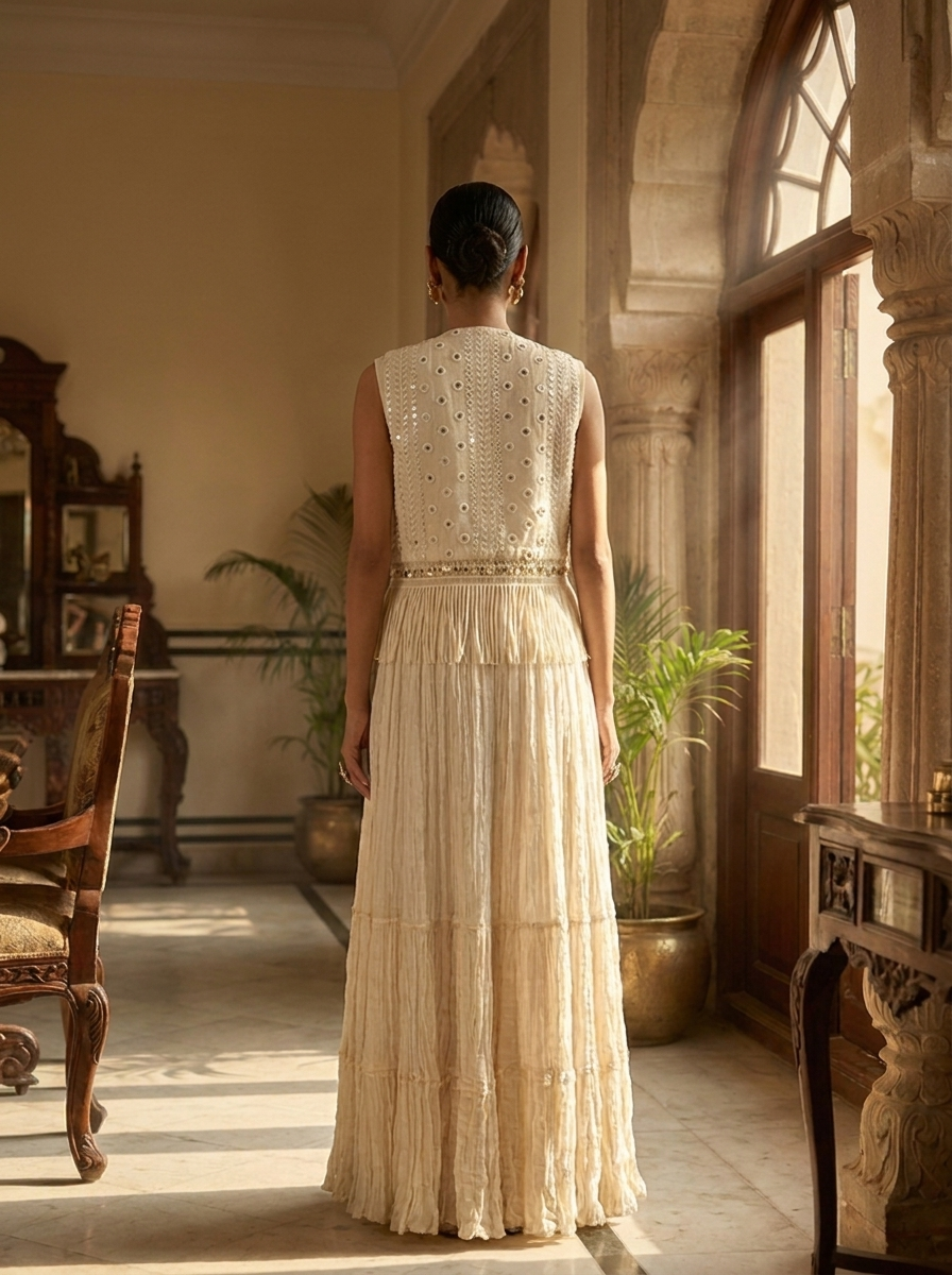 LONG DRESS WITH MIRROR WORK SLEEVELESS JACKET