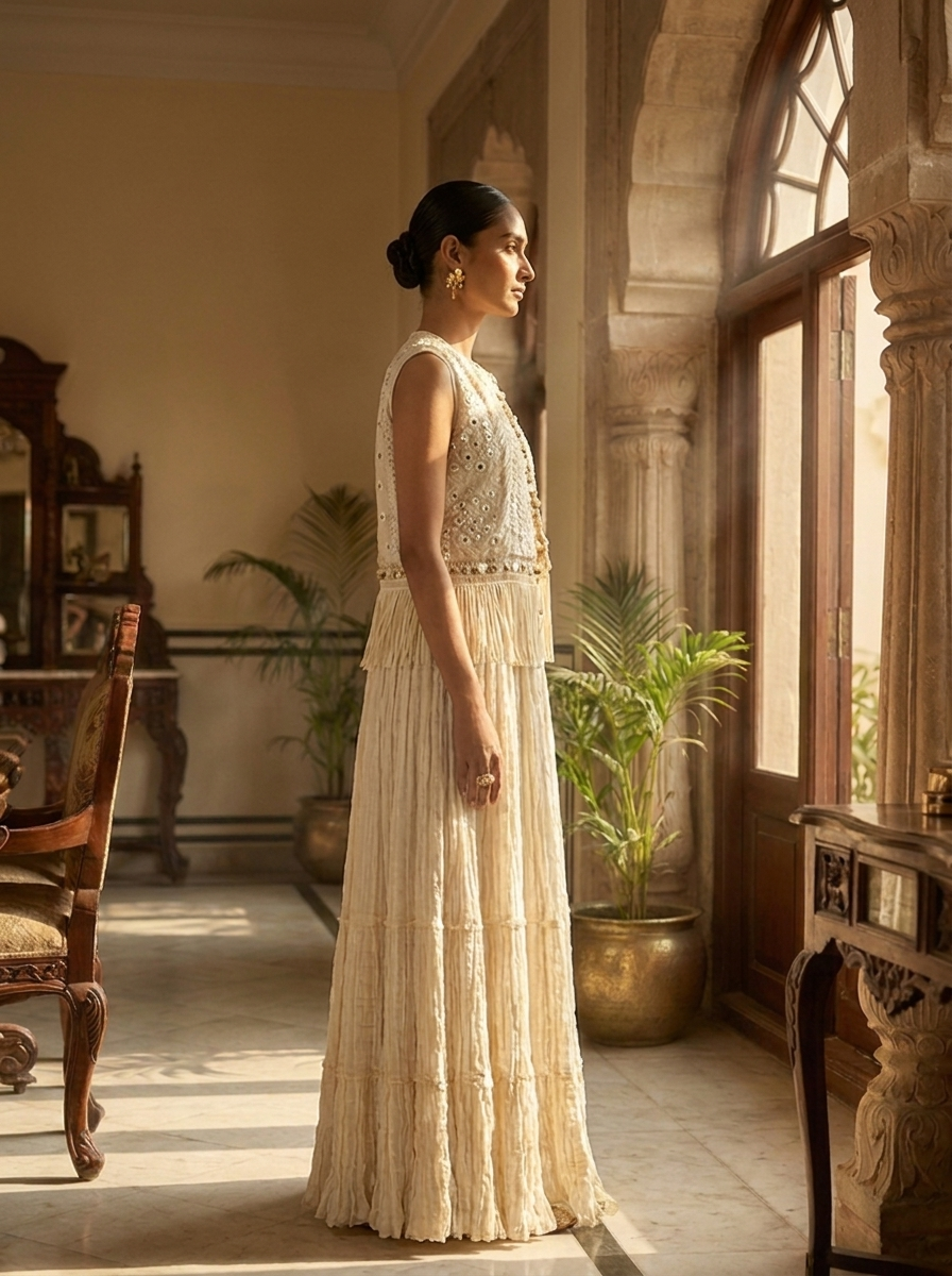 LONG DRESS WITH MIRROR WORK SLEEVELESS JACKET