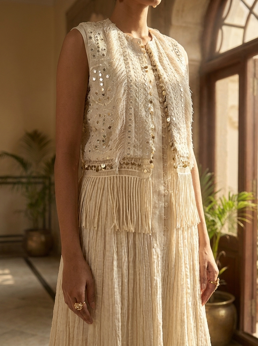 LONG DRESS WITH MIRROR WORK SLEEVELESS JACKET