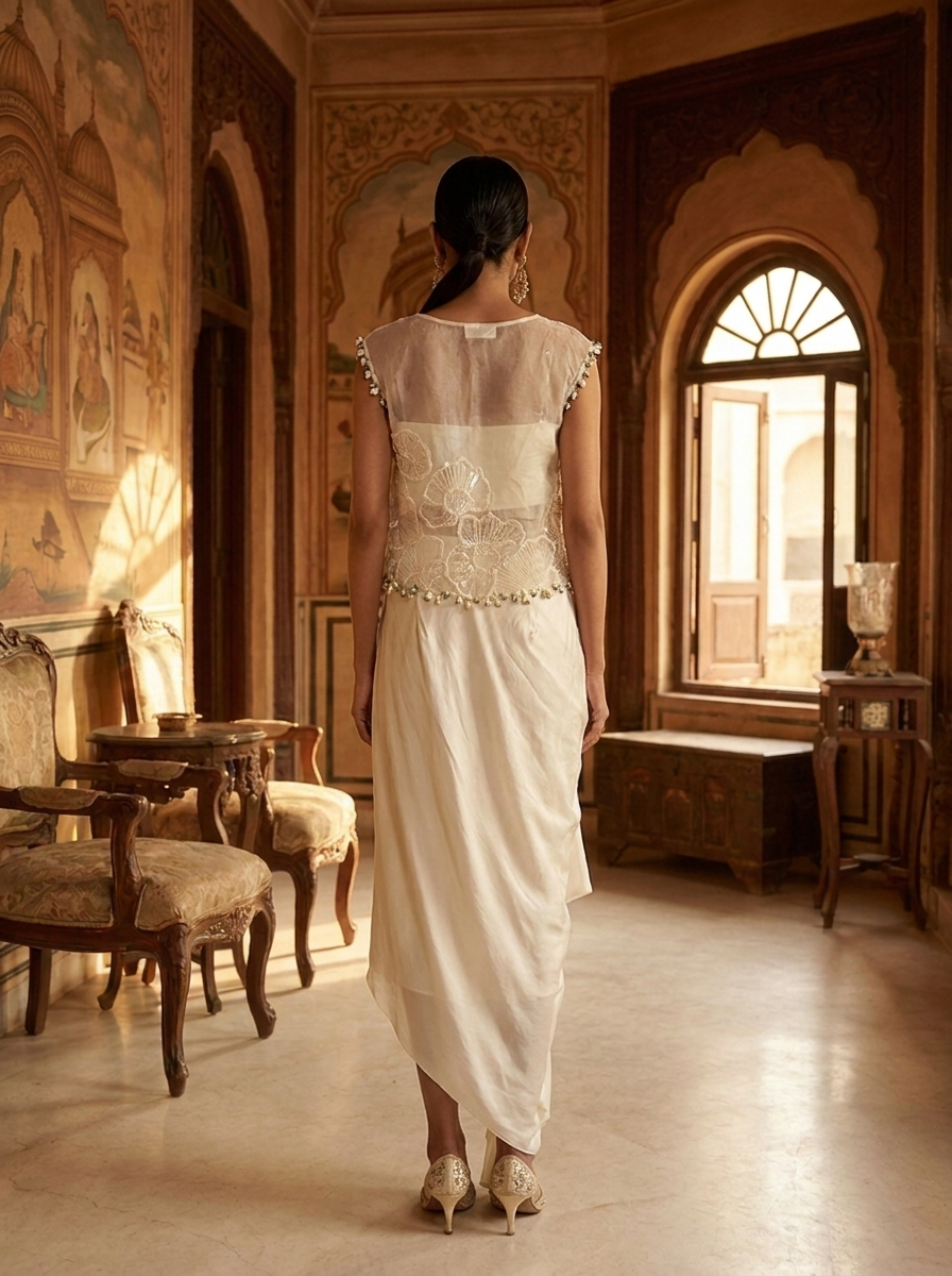 SHORT TOP WITH PLEATED DRAPE SKIRT