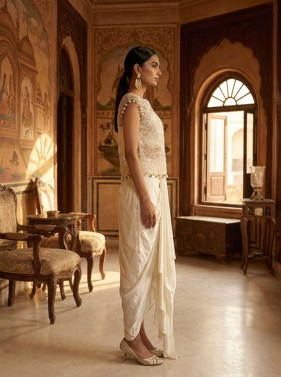 SHORT TOP WITH PLEATED DRAPE SKIRT