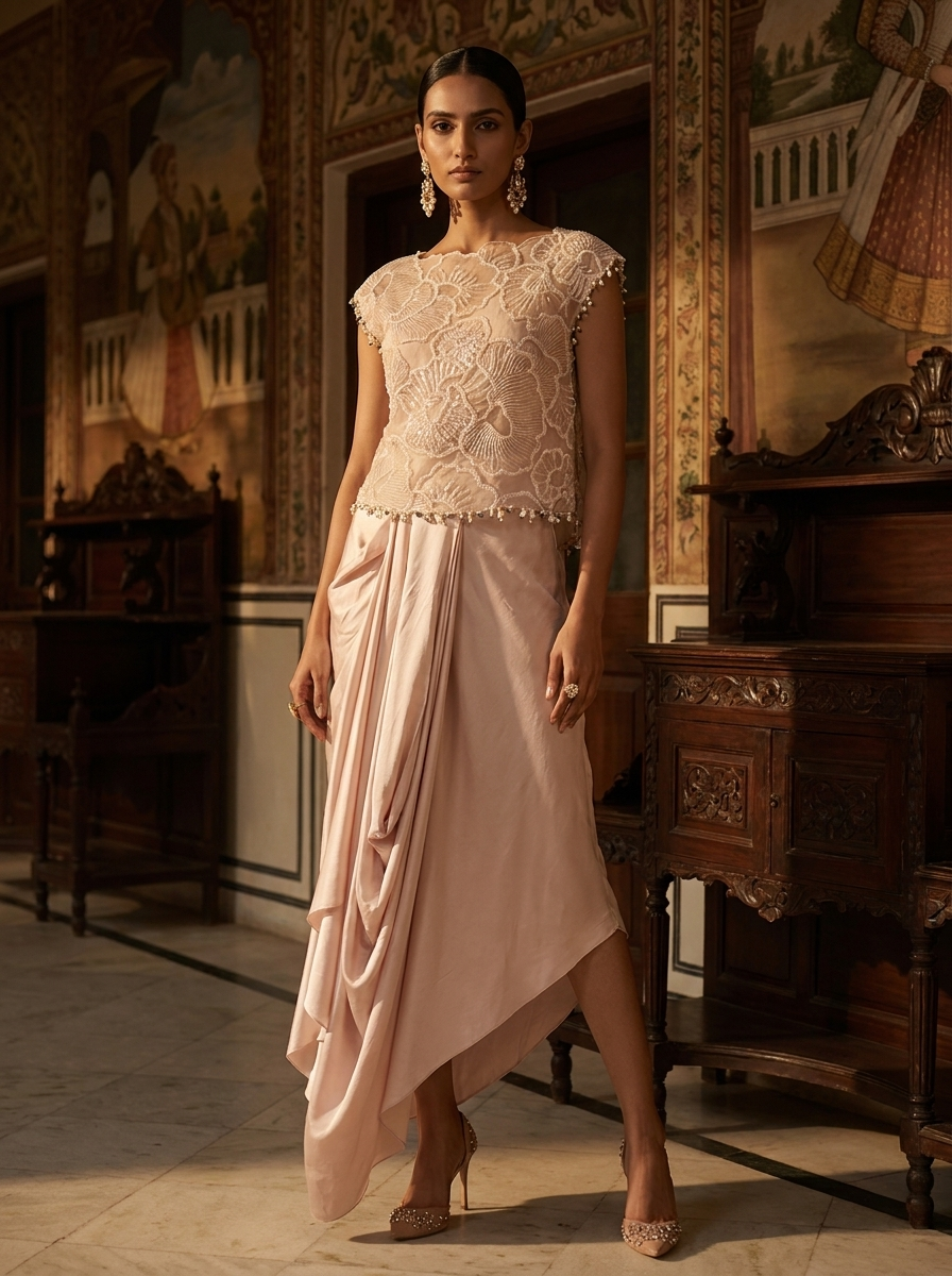 SHORT TOP WITH PLEATED DRAPE SKIRT