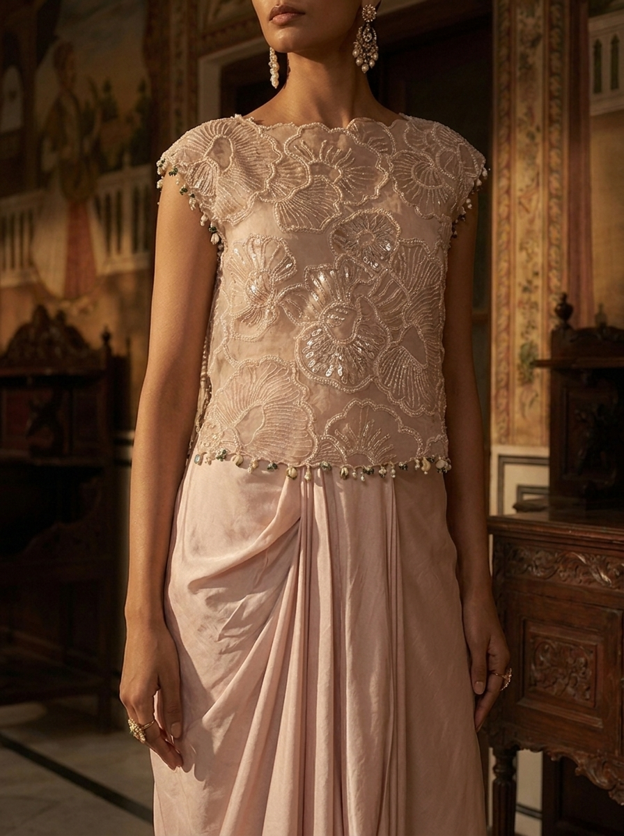 SHORT TOP WITH PLEATED DRAPE SKIRT