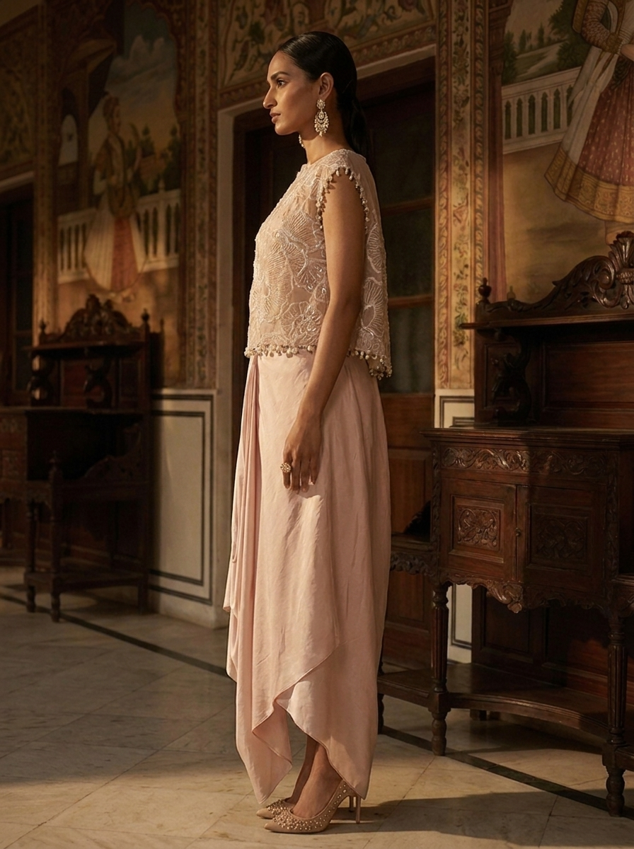 SHORT TOP WITH PLEATED DRAPE SKIRT